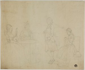 Schets van een familie met drie zittende vrouwen en een staande jongeman door Johann Friedrich August Tischbein