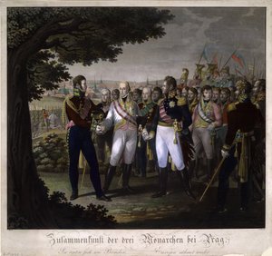 De ontmoeting tussen keizers Frans I van Oostenrijk, Alexander I van Rusland en Frederik Willem III van Pruisen door Johann Friedrich Jügel