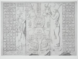 Reliëf dat een priester met offers toont uit het Heiligdom van de Tempel van de Zon, Palenque, platen 29 en 30 uit Oude Monumenten van Mexico, gegraveerd door Werner, 1866 door Johann Friedrich Maximilian von Waldeck
