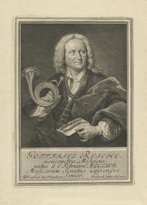 Portret van de trompettist en componist Gottfried Reiche 1667-1734, 1727 door Johann Friedrich Rosbach