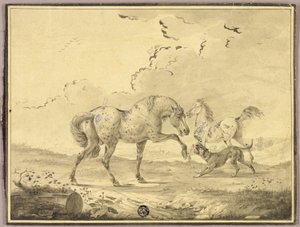 Twee paarden vechten met hond door Johann Georg Pforr