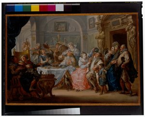 Interieur met elegante figuren in gemaskerde kostuums aan het feesten door Johann Georg Platzer
