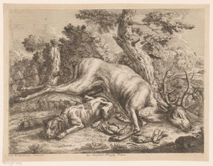 Jachthond en jachtbuit met hert en vogels door Johann Georg Wachsschlunger