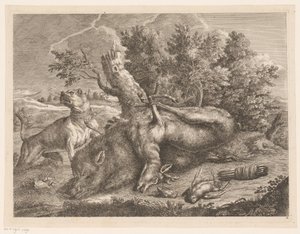 Jachthond en jachtbuit met zwijn, hert en vogels door Johann Georg Wachsschlunger
