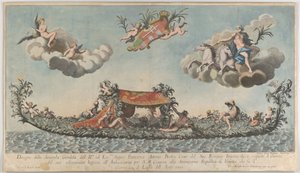 De rijkelijk versierde tweede gondel van Francesco Antonio Berka die Venetië binnenkomt, ca. 1700 door Johann Georg Wolfgang