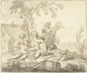 Allegorische voorstelling met kinderen en attributen van de Landbouw door Johann Heinrich Keller (II)