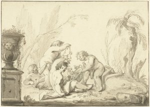 Allegorische voorstelling met kinderen met een mand met bloemen door Johann Heinrich Keller (II)