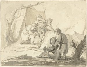Allegorische voorstelling met kinderen rond een vuurtje door Johann Heinrich Keller (II)