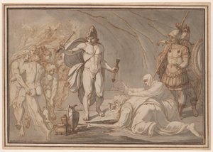 Odysseus ontmoet bij de deuren van Hades de schaduwen van Tiresias en Anticlea