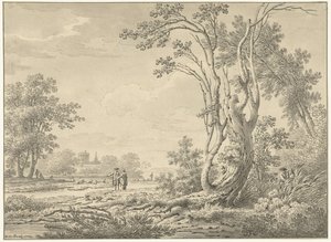 Zuidelijk landschap met kasteel, vee en wandelaars door Johann Heinrich Muntz