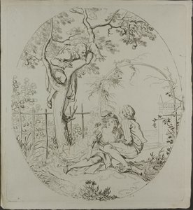 Man met baard bespiedt geliefden onder een prieel door Johann Heinrich Ramberg