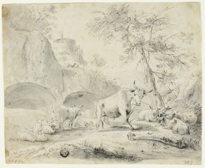 Landschap met herder en schapen, geit, vee door Johann Heinrich Roos