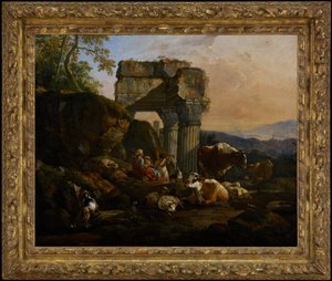 Romeins landschap met vee en herders door Johann Heinrich Roos