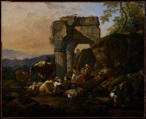 Romeins landschap met vee en herders, 1676 door Johann Heinrich Roos