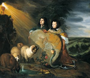 Zelfportret (?) met zijn vrouw en symbolen van het christelijk geloof door Johann Heinrich Roos