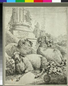 Schapen aan de voet van een zuil door Johann Heinrich Roos