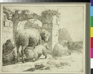 Schapen bij een vervallen poort door Johann Heinrich Roos