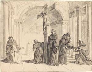 Een kruisbeeld in een kerk met heiligen Thomas van Aquino, Maria Magdalena, Albertus Magnus en anderen