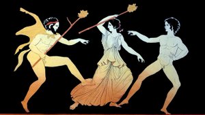 Een sater, een Maenade en een mannelijke volgeling van Dionysus dansen in een razernij c.1796 (Koperplaatgravure)