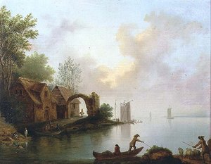 Bosrijk Rivierlandschap met Bootmannen door Johann Heinrich Wust