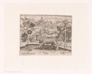 Serie prenten met bloemen en dieren in een landschap (Landschap met stokroos, luipaard en pruimenboom)