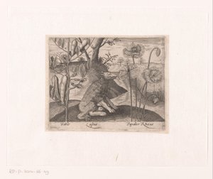 Serie prenten met bloemen en dieren in een landschap