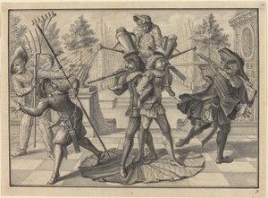 Harlekijn en Scaramouche Creëren een "Fontein" door Johann Jacob Schubler