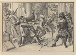 Mezzetin en Harlekijn gebruiken het schilderij om Pantaloon en Pierrot te vangen door Johann Jacob Schubler