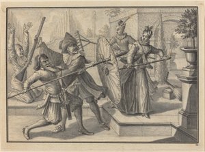 Pantaloon en de Dokter Vechten met Columbine en Brigatella in de Tuin door Johann Jacob Schubler