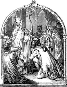 Doop van Saksische leider Widukind Illustratie uit de Geschichte des deutschen Volkes door E. Duller, 1840 door Johann Jakob Kirchhoff