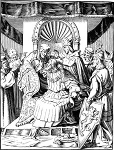 De abdicatie van keizer Hendrik IV in Ingelheim Illustratie uit de Geschichte des deutschen Volkes door E. Duller, 1840 door Johann Jakob Kirchhoff