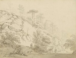 Boeren rustend in rotsachtig terrein, op de achtergrond een kasteel door Johann Josef Schindler