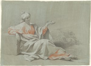 Jonge vrouw met een kom, zittend buiten door Johann Justin Preissler