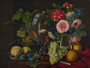 Stilleven met goudvissenkom (olieverf op hout) door Johann Knapp