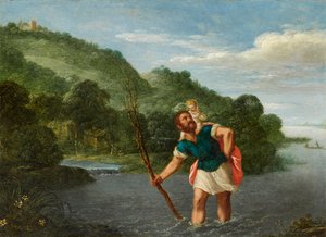 Sint Christoffel draagt het Christuskind in een landschap