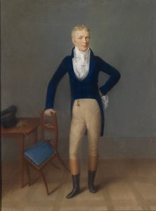 Portret van een blonde heer in volledig figuur in rijtuigkostuum, leunend op een stoel door Johann Lorenz Kreul