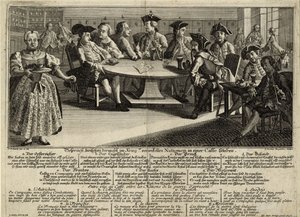 Gesprek tussen 7 naties betrokken bij de oorlog in een café, 1757