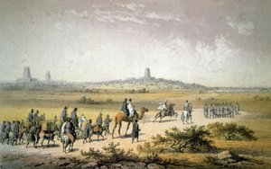 Heinrich Barth nadert Timbuktu, ca. 1860 (lithografie)