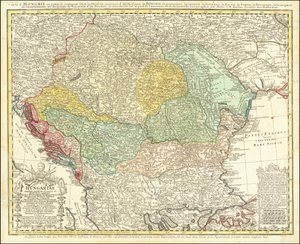 Kaart uit 1744 van het Balkanschiereiland met het Koninkrijk Hongarije als middelpunt door Johann Matthias Hase