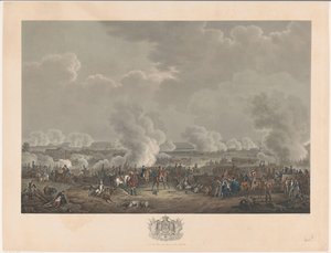 Slag bij Waterloo, 1815 Twaalf platen van de aankomst en inhuldiging van Willem I in Brussel en de slagen bij Quatre-Bras en Waterloo in 1815 (serietitel) door Johann Nepomuk Gibèle