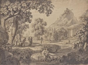 Klassiek landschap met een tempel, een reus op een berg door Johann Nepomuk Schödlberger