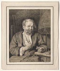Boer zittend aan een tafel, pijp rokend door Johann Nepomuk Strixner