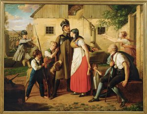 Die Heimkehr des Landwehrmannes - De terugkeer van de schutter ... (schilderij op doek) door Johann Peter Krafft