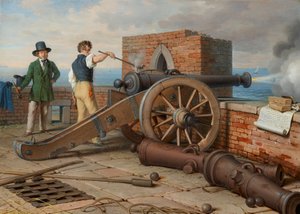 Kunstenaarsvrienden lossen een kanonschot op het fort Michele bij Ostia (Ferdinand Jagemann en Peter Krafft)