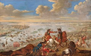 Grote Noordse Oorlog: Karel XII van Zweden (1682-1718) steekt de Daugava over in 1701 na zijn overwinning in de slag bij de Daugava (of slag bij de Duna) in Letland door Johann Philip Lemke