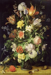 Stilleven met bloemen en pimpelmees