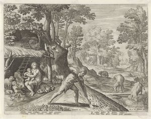 Adam en Eva aan het werk buiten het Aards Paradijs door Johann Sadeler (I)