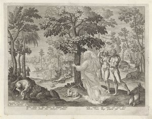 Adam en Eva in het paradijs door Johann Sadeler (I)