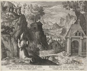 Heilige Landelinus als kluizenaar Kluizenaars (serie titel) Oraculum Anachoreticum (serie titel) door Johann Sadeler (I)