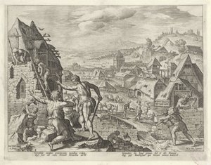 Kaïn bouwt de stad Henoch door Johann Sadeler (I)